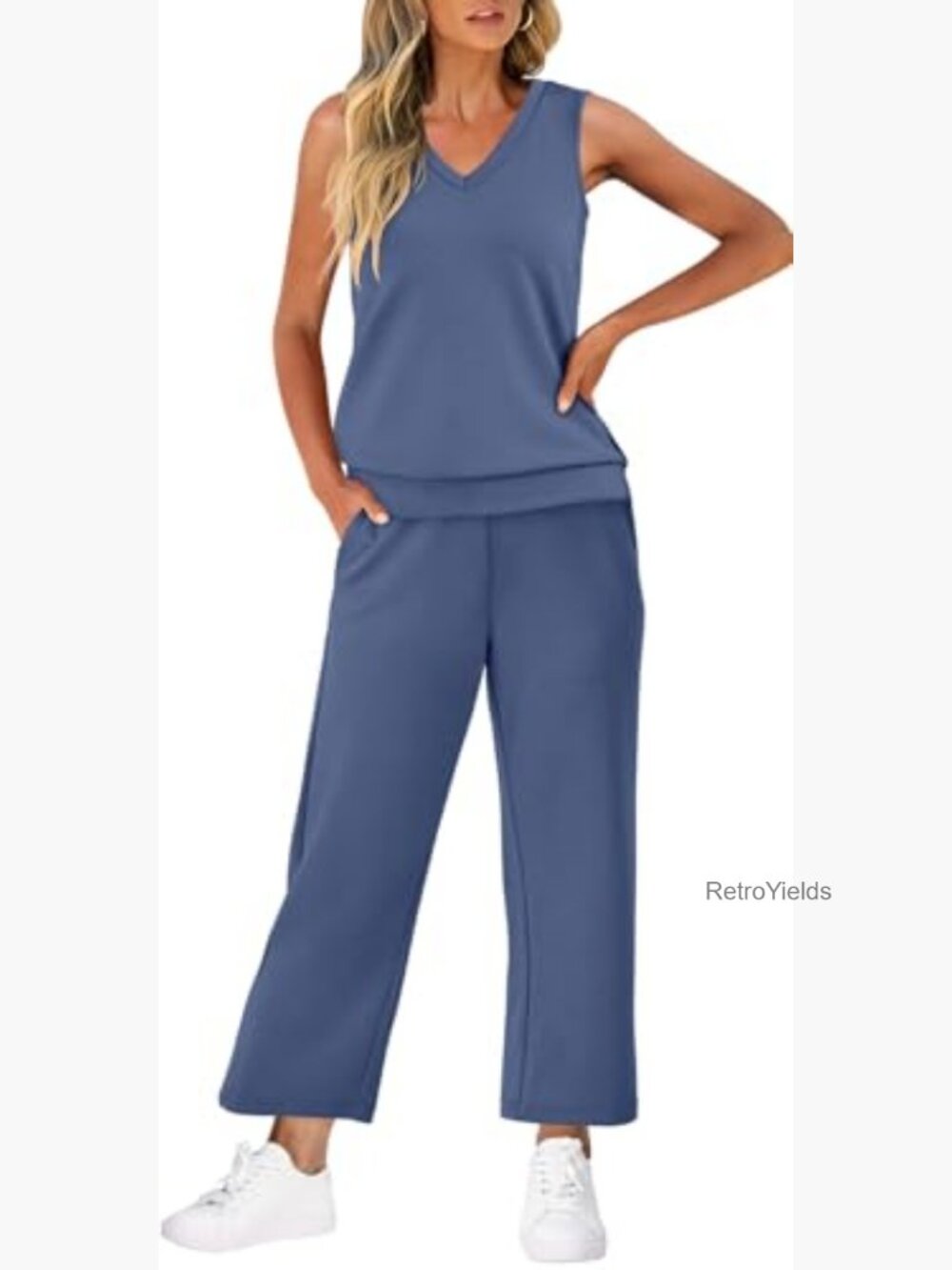 Two Piece Lounge Set - Summer V-Neck Matching Outfit - Picture 3 of 7